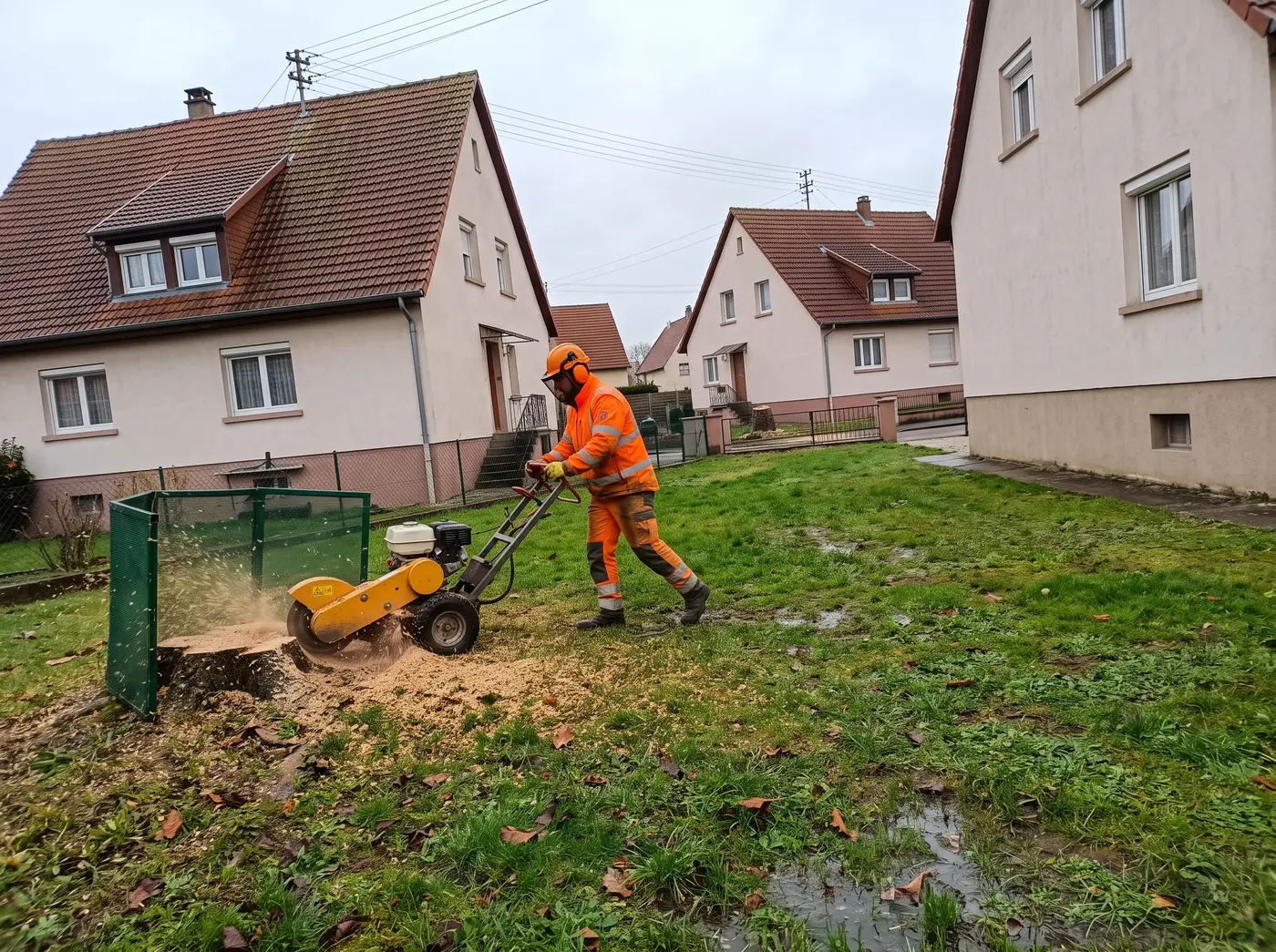 Rognage d'une souche à la rogneuse
